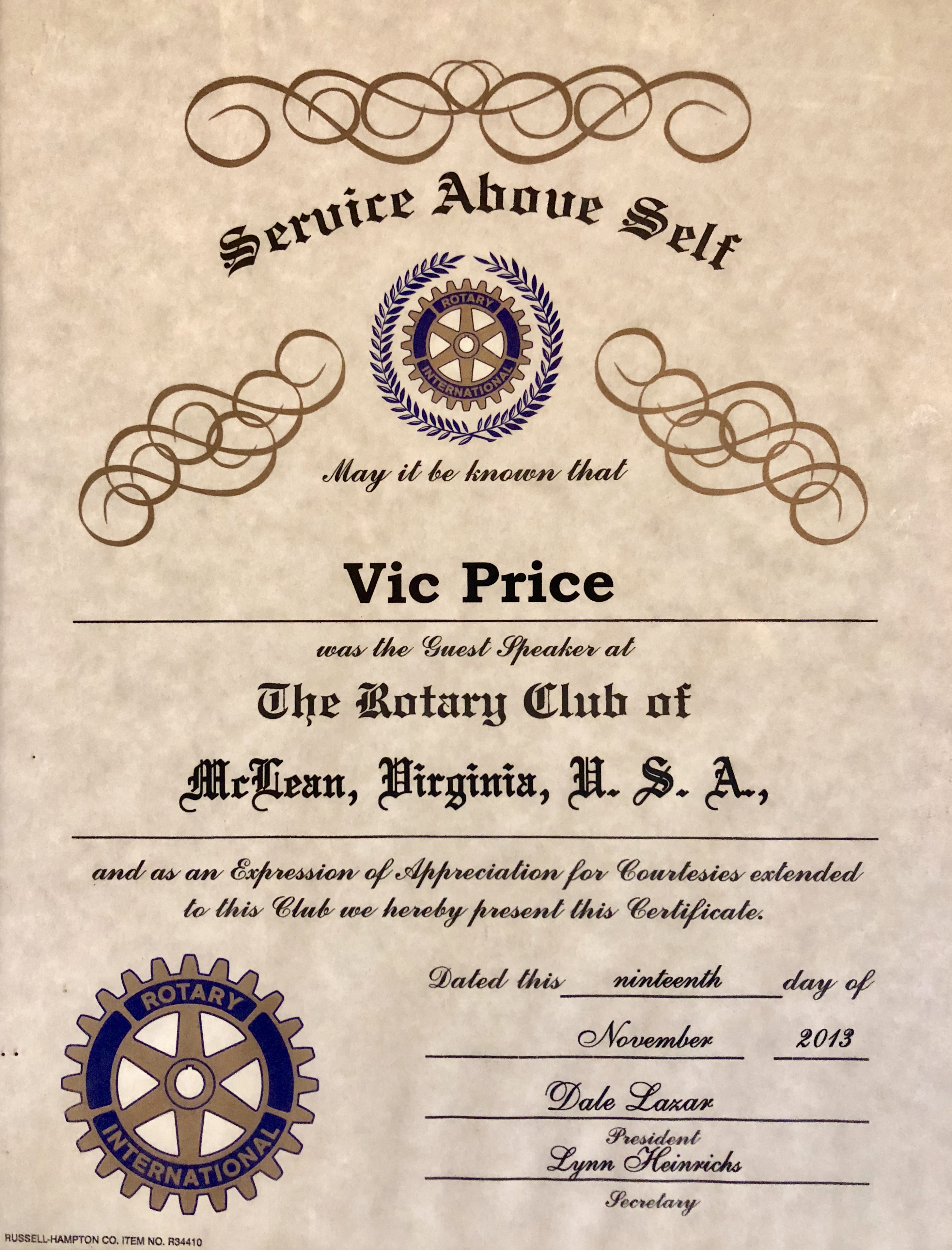 Rotary Award - Vic Price