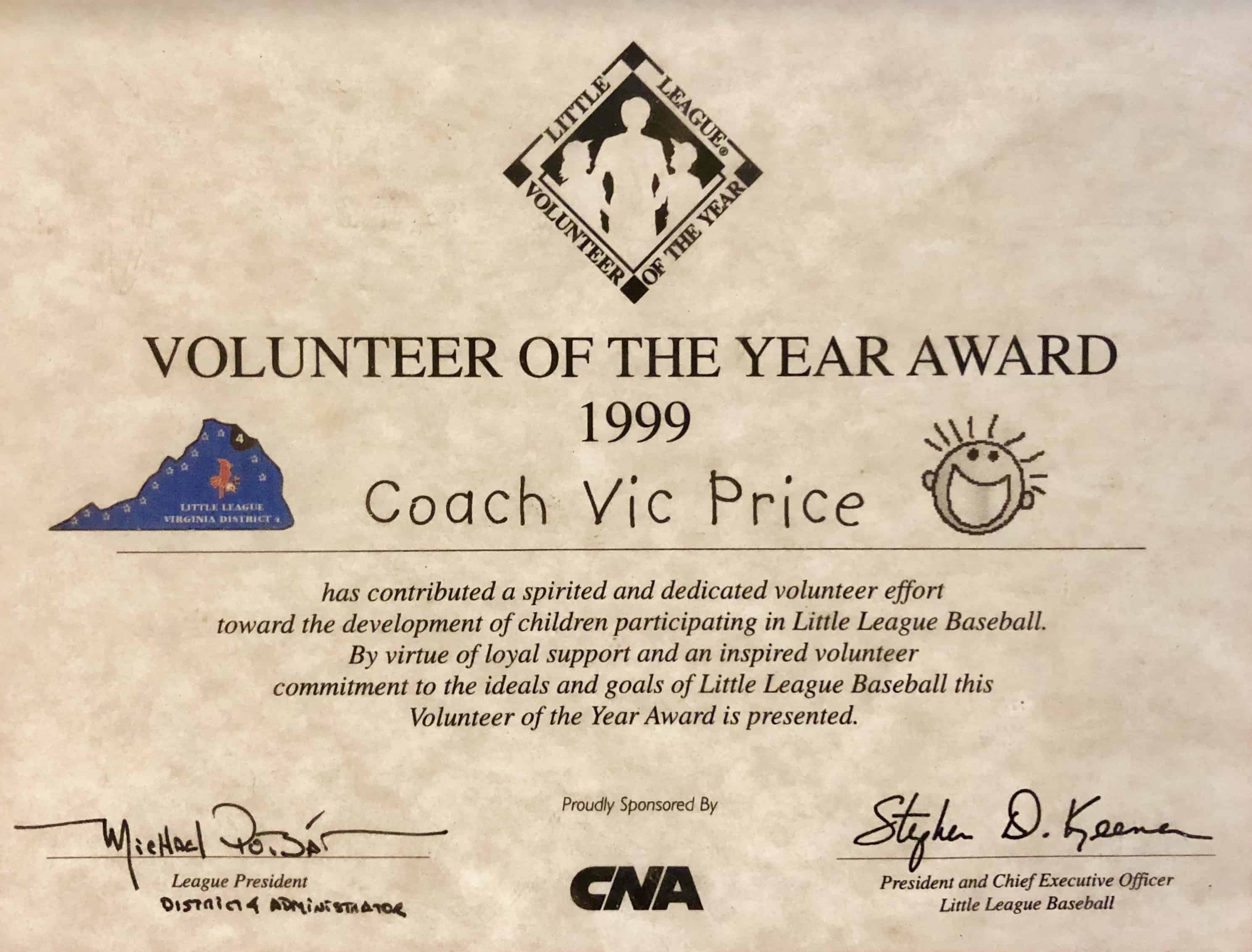 Little League Volunteer of the Year 1999 - Vic Price