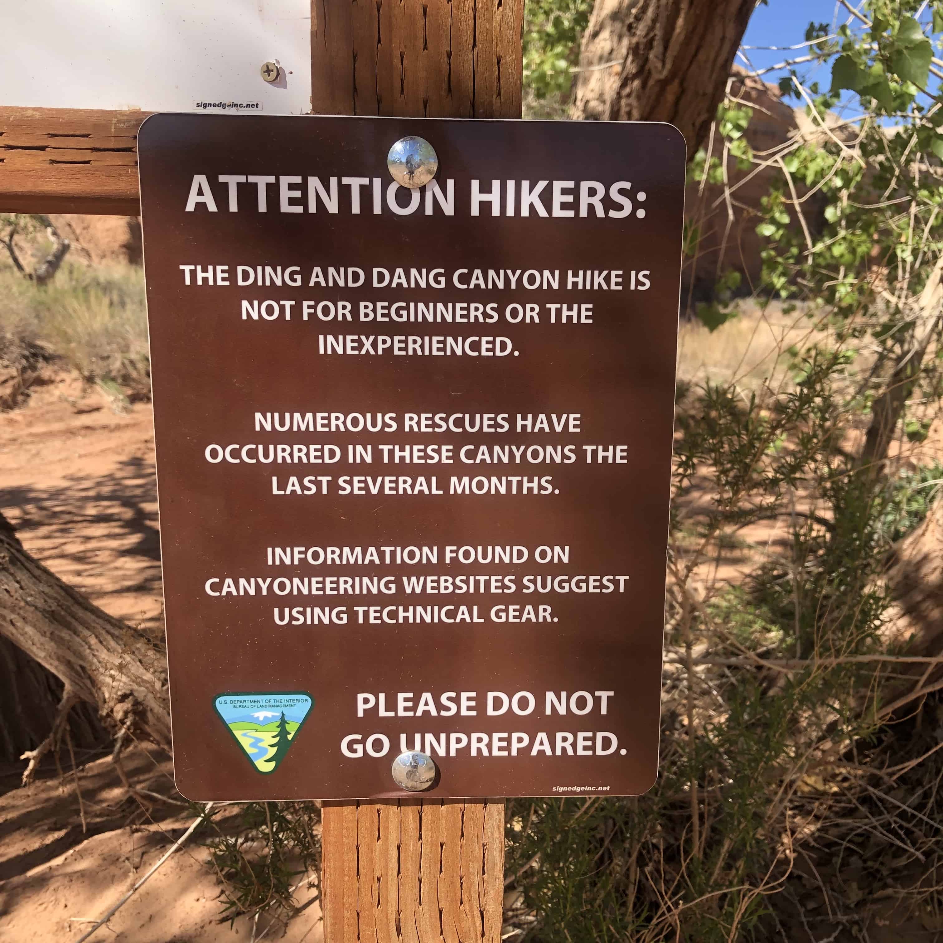 San Rafael Swell, warning sign at the beginning of the Ding and Dang hike.